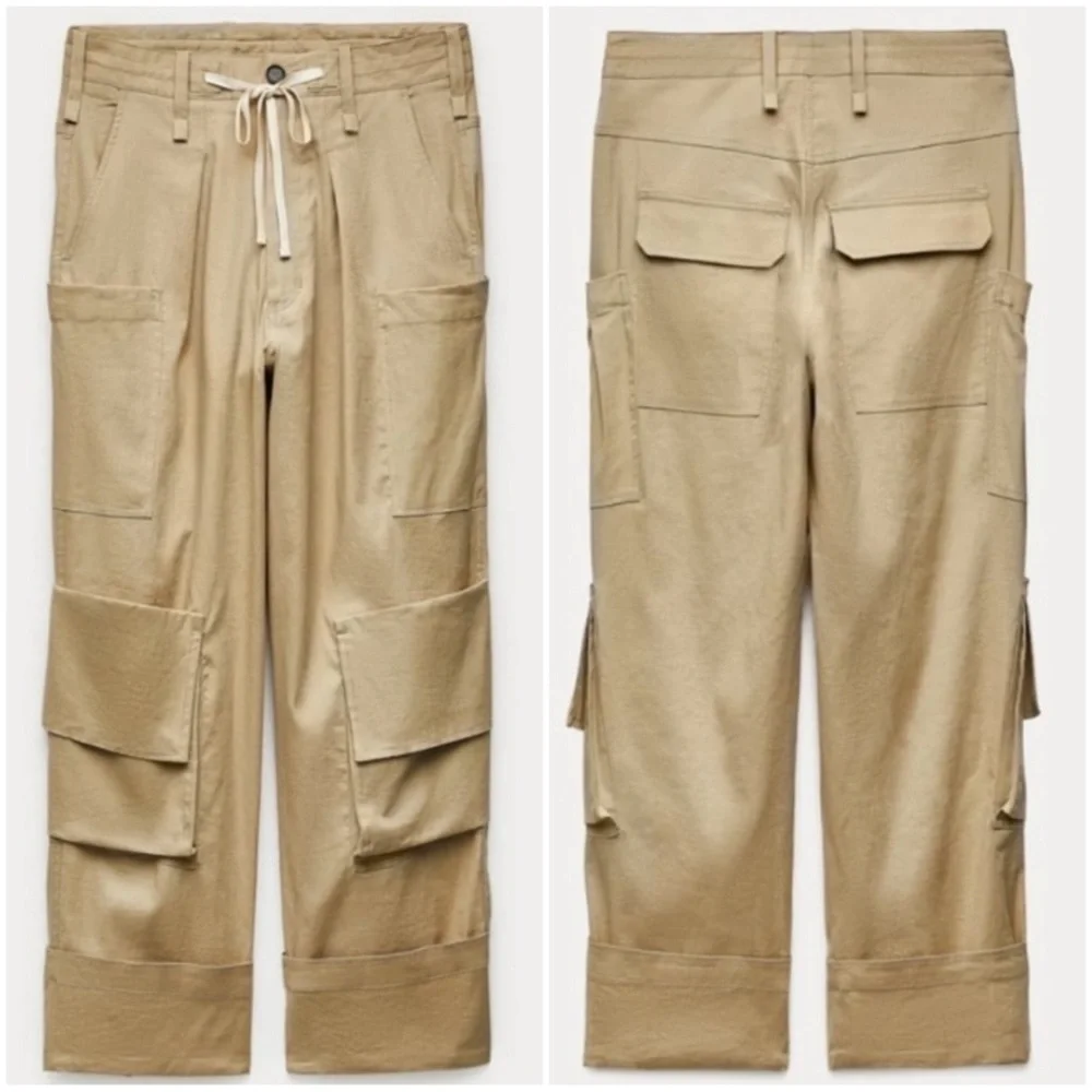 ZARA Women’s Size XS Khaki Linen ZW Collection Multi Pocketed Cargo Utility Pant